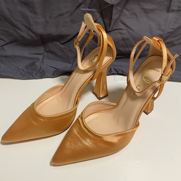 Lulus Shenay Gold Satin Pointed-Toe Ankle Strap Pumps - 8 - Picture 2 of 9